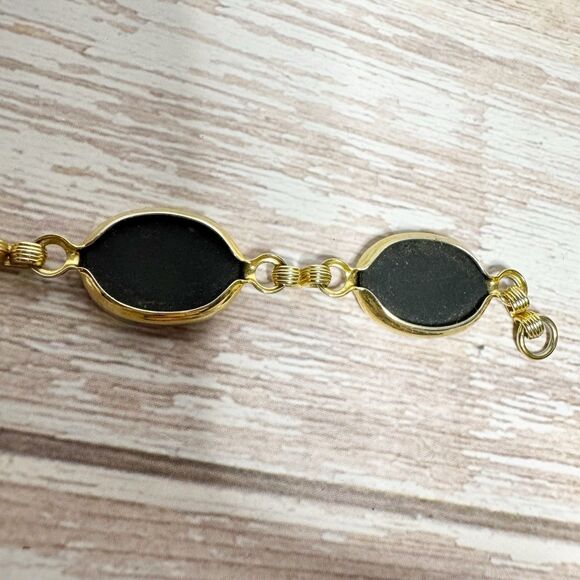 Vintage Black Glass Bevel Set Link Bracelet Gold Tone 7.5” - Picture 7 of 8